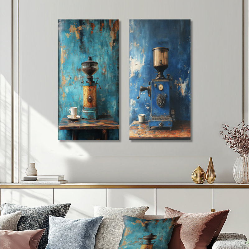 Ensemble de 2 moulins à café Blue VIntage Blue I - Coffee Wall Art, H 40 po x l 40 po, Toile tendue sur cadre
