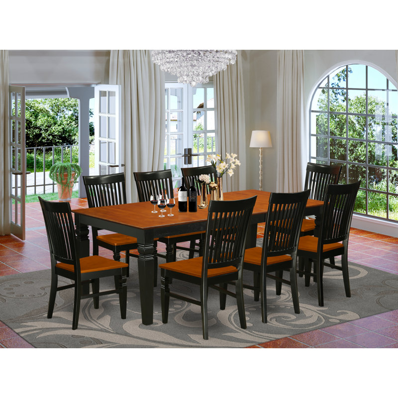Ensemble de table de salle à manger 9 pièces moderne comprenant une table rectangulaire en bois avec feuille papillon et 8 chaises, noir et cerisier