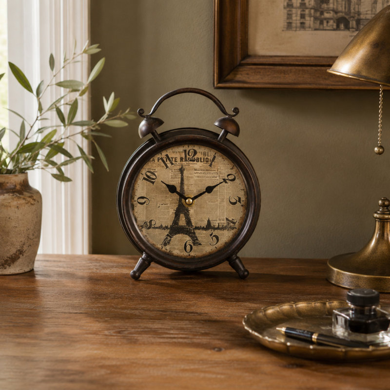 Horloge décorative en métal avec plateau de style tour Eiffel, H 9 po x l 6 po x P 3 po, Noir