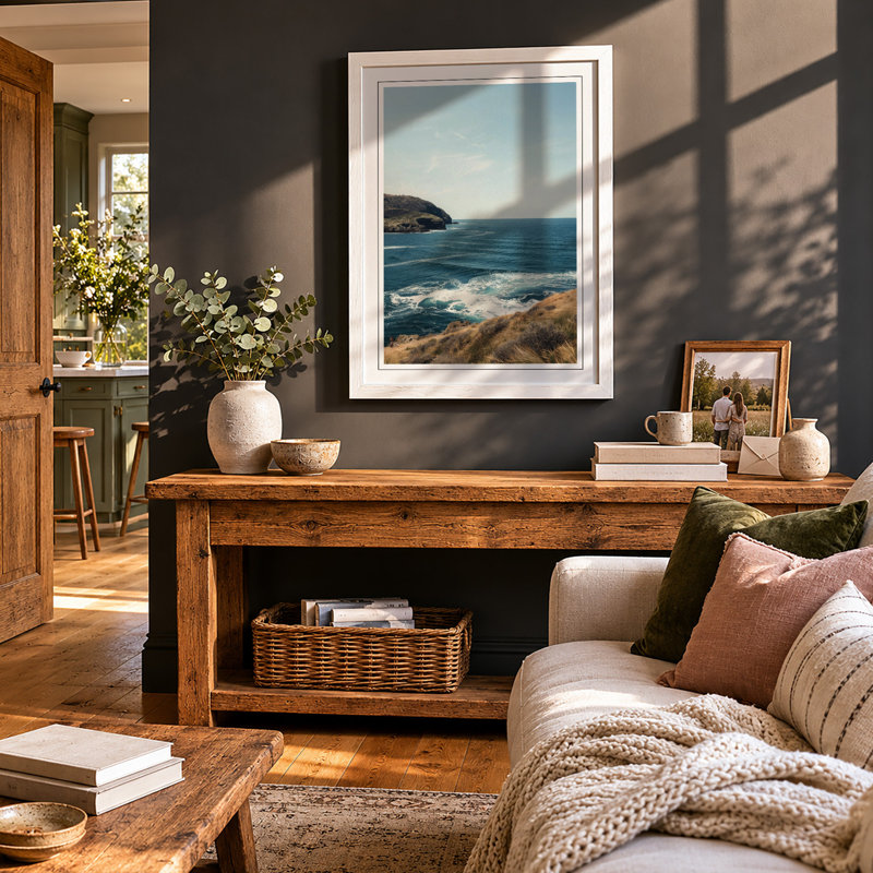 Clifftop Seascape Coastal - Framed Print, A3 - 42.0 x 29.7 cm, White