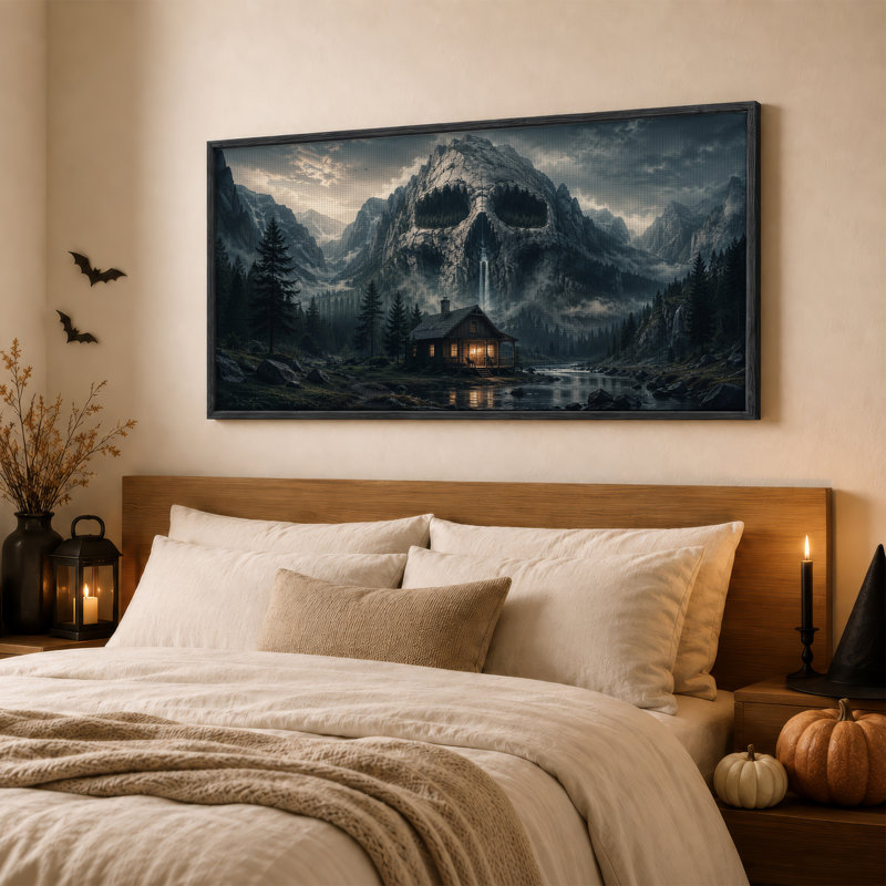 Toile murale surréaliste représentant une montagne de crânes avec cascade et éclairage d'Halloween, 40“W x 20”H