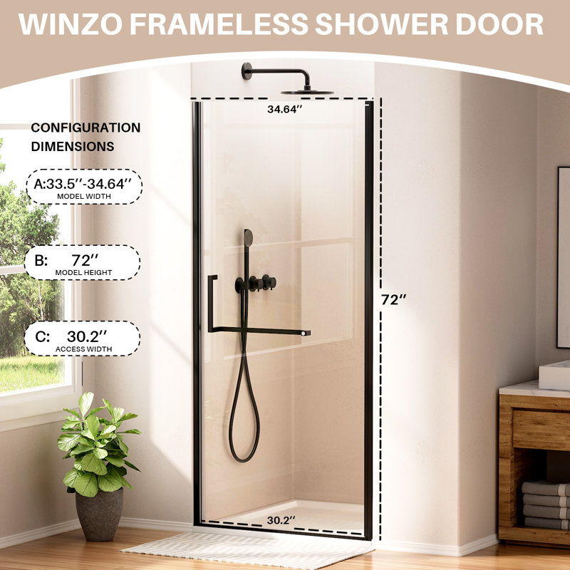 Yingze réglable l 33-34 po x H 72 po porte de douche pivotante sans cadre, porte de douche en verre trempé Sgcc de 6 mm