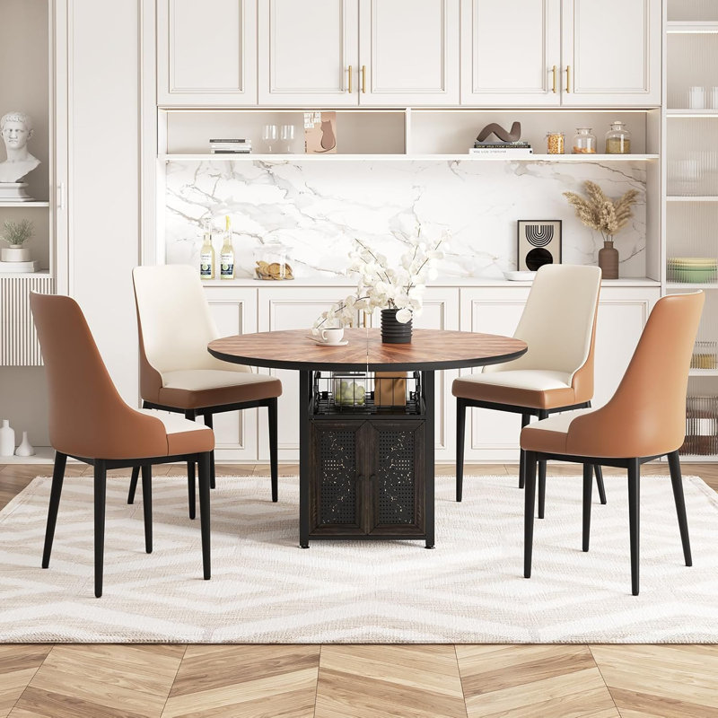 47" Round Farmhouse Dining Table Set for 4–6, Metal Base Table with Storage Rack, Includes Cat Table and 4 Brown Chairs