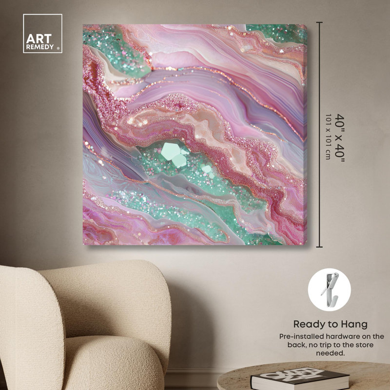 «Pink and Mint Crystal II», toile abstraite colorée par , H 40 po x l 40 po, Toile tendue