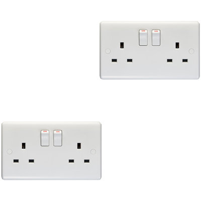 2 PACK 2 Gang Double Pole 13A Switched UK Plug Socket - WHITE Wall Power Outlet