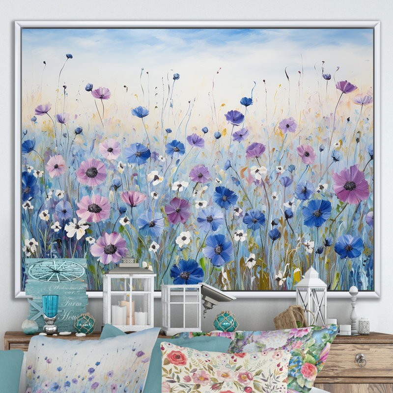 Divine cornflowers Blooming Field III - Art mural champ de fleurs, H 30 po x l 40 po x P 1,5 po, Cadre flottant blanc