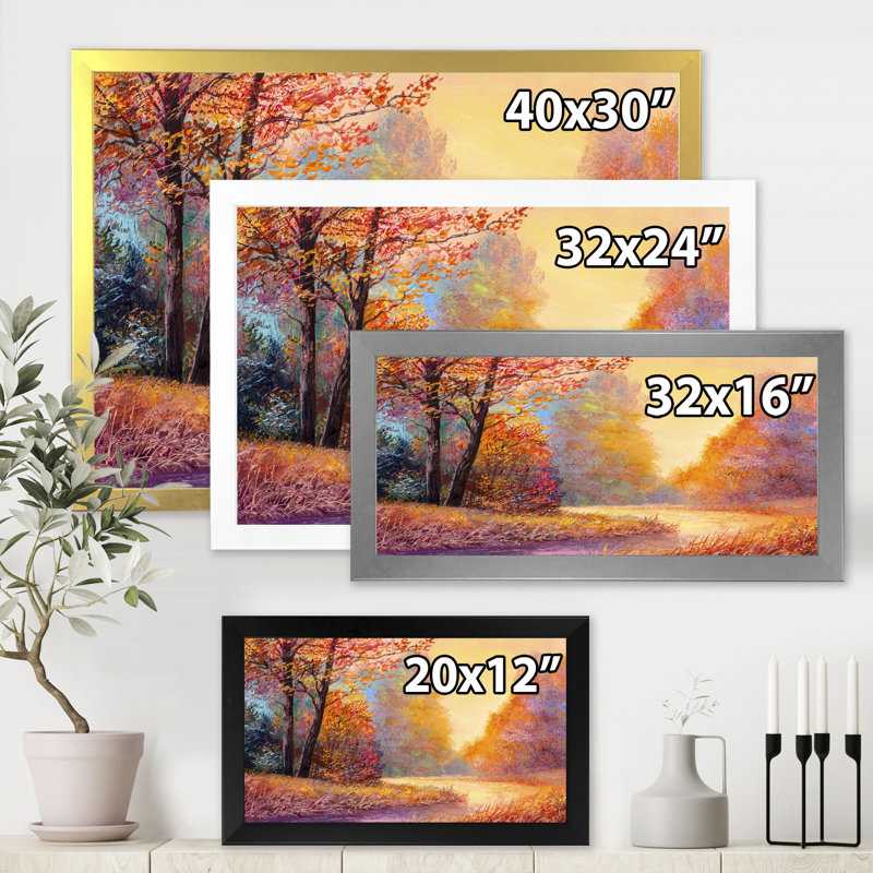 Sentier dans la forêt d'automne, paysage de feuilles orange - reproduction de maison de lac, H 12 po x l 20 po x P 1,5 po