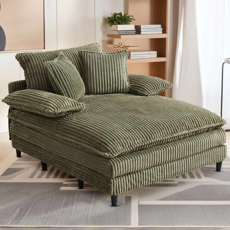 Latitude Run 55" W Oversized Corduroy Chaise Lounge Chair, Upholstered Sleeper Sofa Bed with 3 Pillows,4-Level Adjustable Backrest