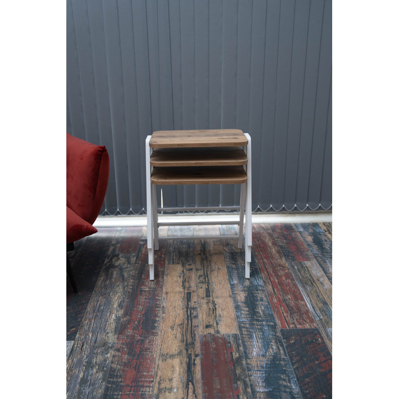 Ensemble de 3 tables gigognes, tables d'appoint empilables en métal aspect bois pour le salon, White