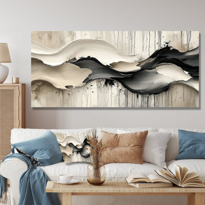 Grey On White Rhythmic Drizzle Ink River II - Abstract Modern Waves Wall Art