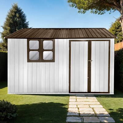 white+coffee Metal Garden Shed with Window - 10ftx8ft Outdoor Storage Facility -  Olde Homey Styles, OLDEXINGHEW1350S00047