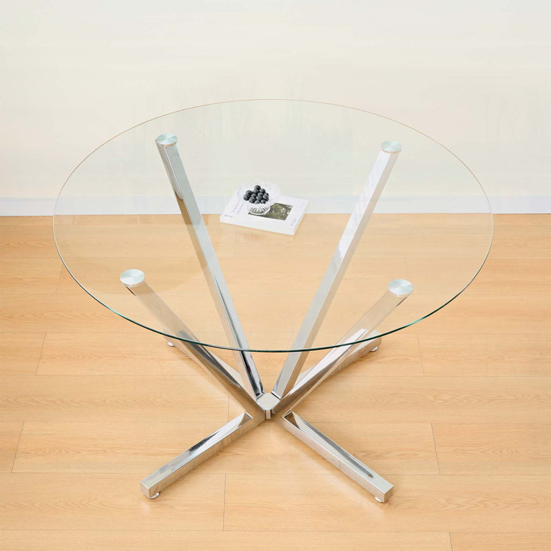 Table de salle à manger ronde moderne en verre trempé avec pieds chromés argentés, facile à assembler pour les espaces compacts