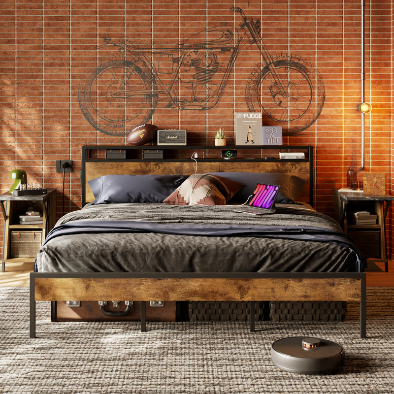 King Size Rustic Metal Platform Bed with LED Storage Headboard