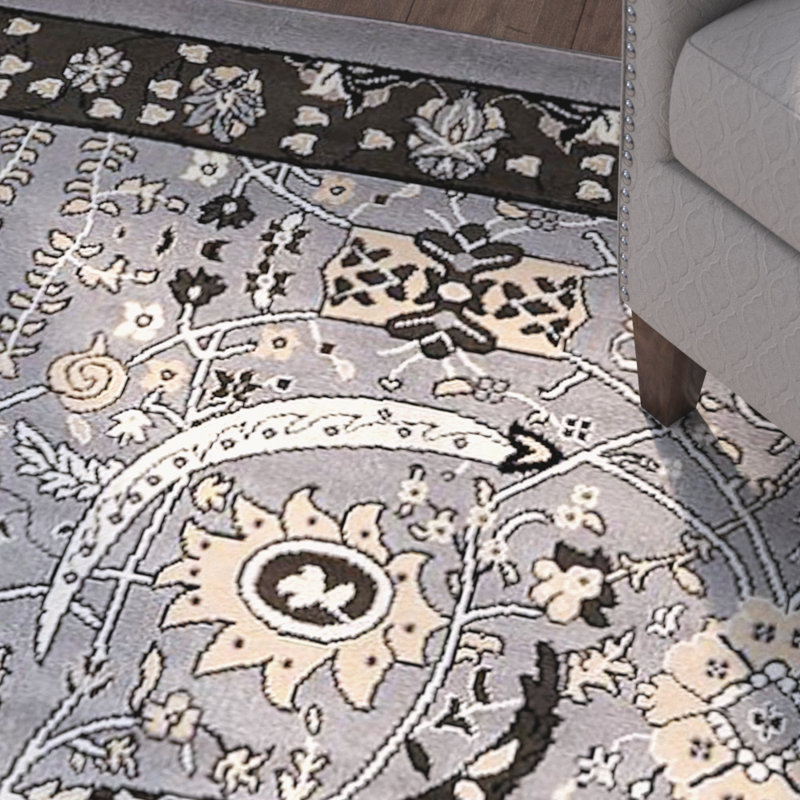 Tapis à motif floral sauge, jaune et gris Britannia, Carré 8 pi