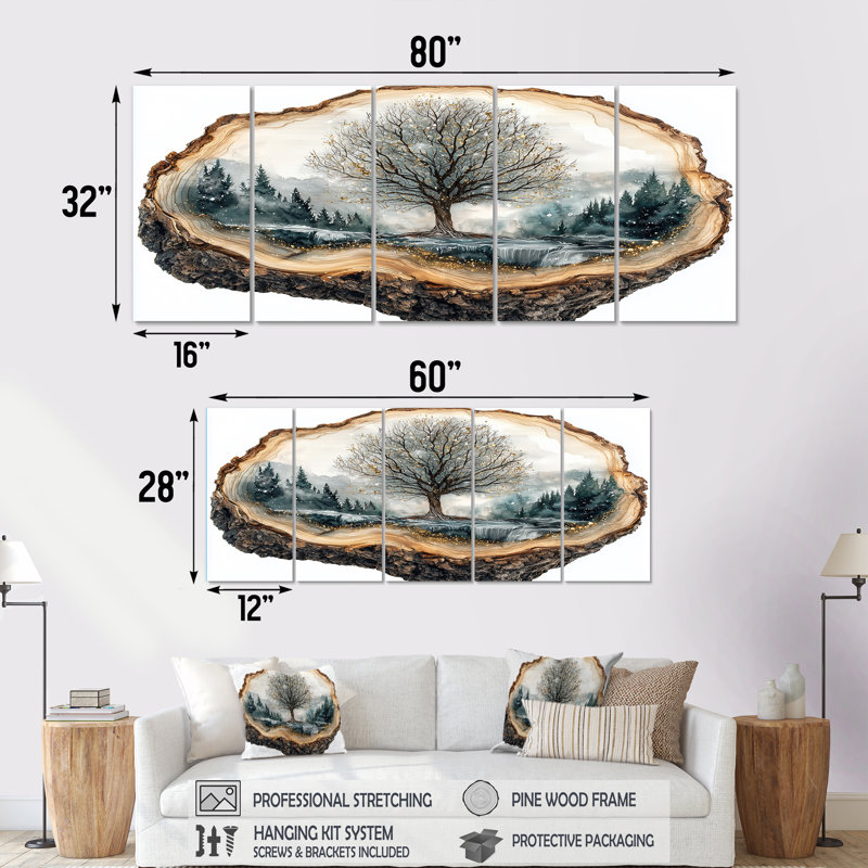 Beare I - Forest Wall Art - Art mural traditionnel pour le salon, 5 pièces, H 28 po x l 60 po