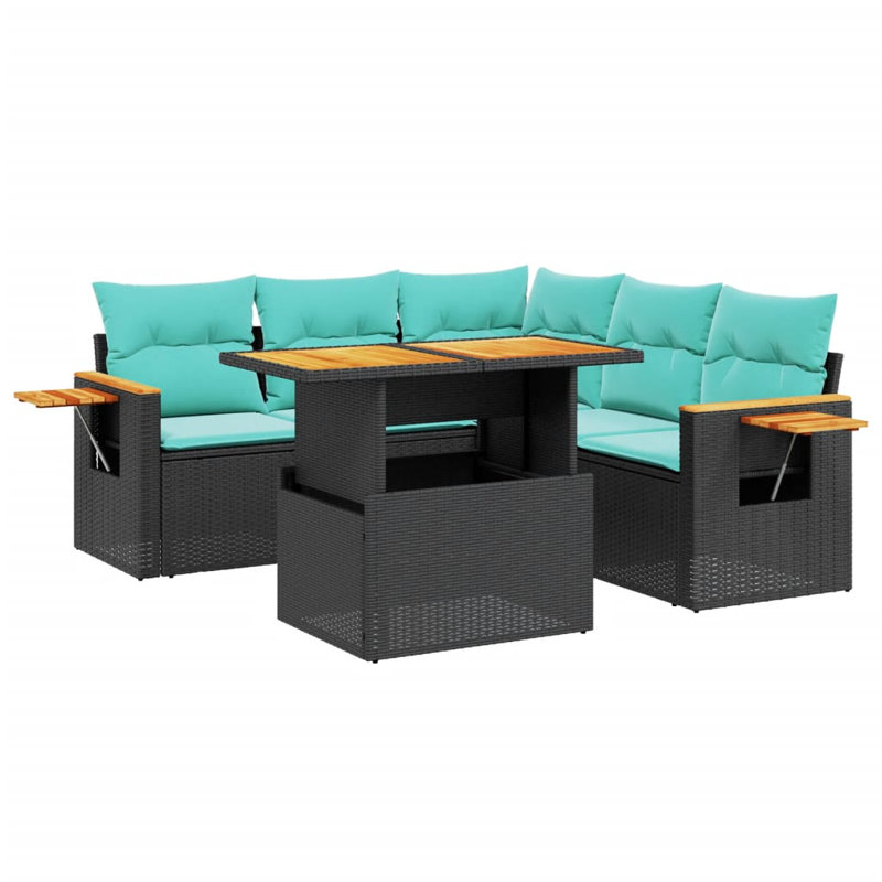  Ensemble de canapé de patio 6 pièces avec coussins en rotin de polyester, Noir, Vert