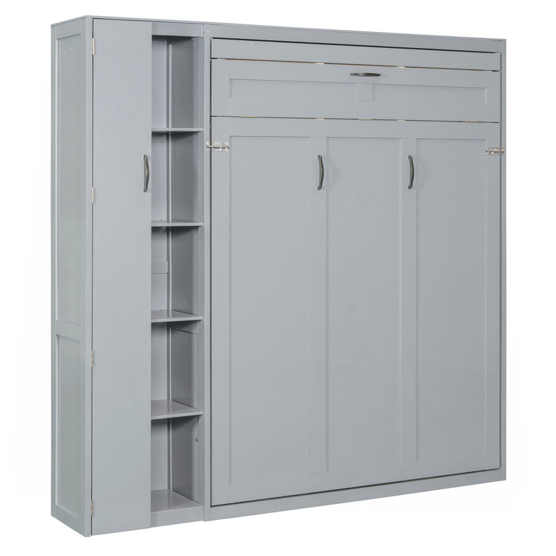 Lit escamotable double pleine grandeur avec tablettes, garde-robe et lumières DEL, gris, Lit double, Gris