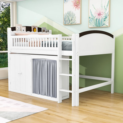 Wooden Loft Bed with Wardrobe and LED Headboard