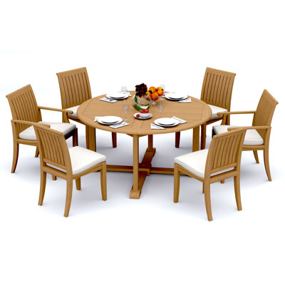 7 Pcs Grade-A Teak Wood Dining Set: 60" Round Table  Lagos Chairs (2 Arm & 4 Armless Chairs) #11LG1202