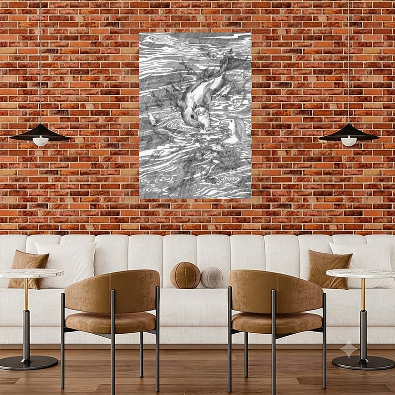 Femme et poisson couronné, art mural serein et fantaisiste, 48" H x 32" W
