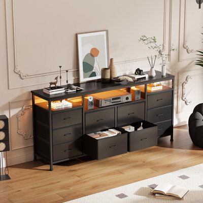 Commode longue 63 po avec 10 tiroirs en tissu, meuble télé pour téléviseur de 75 po ou moins, centre de divertissement avec lumières DEL