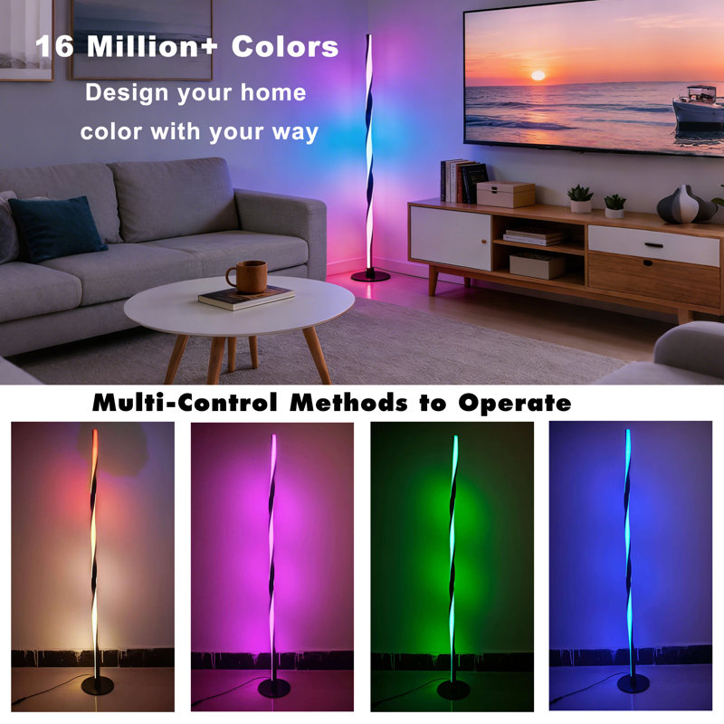 Smart Led Rgbwic Floor Lamp Modern Black Floor Lamp With Music Sync And 16 Million Diy Colors, Black