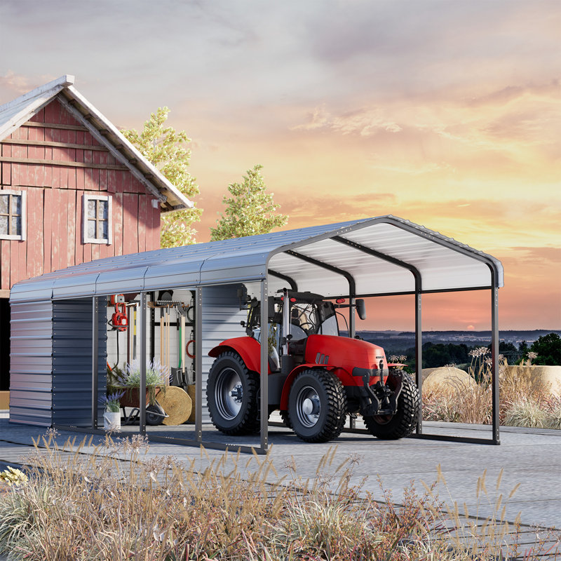 10x25 Ft Carport Storage Shed 2-in-1, Heavy Duty Car Port With Galvanized Metal Frame, Base-reinforced Enclosed Storage Shelter, Extended Coverage For Trucks, Cars & All Vehicles, Gray