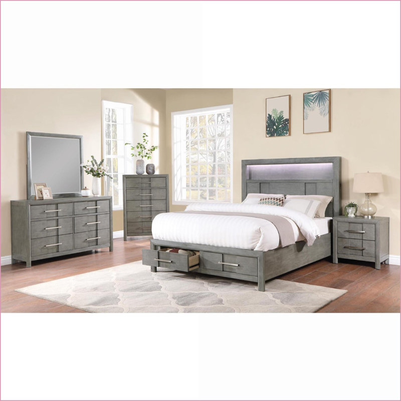 Ensemble de chambre à coucher grand 5PC moderne avec tête de lit à DEL, rangement, Bluetooth et amp; USB - bois gris | Gris | Lits bibliothèque