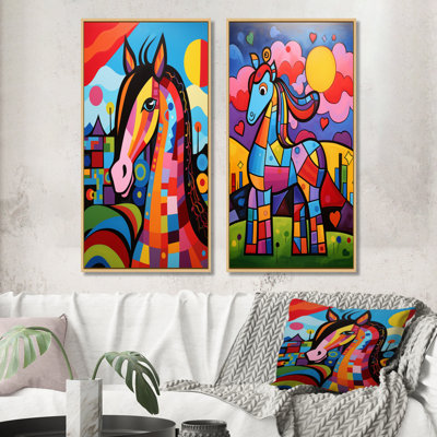 Portrait géométrique coloré de cheval pour chambre d'enfant I - ensemble d'art mural cheval 2 pièces