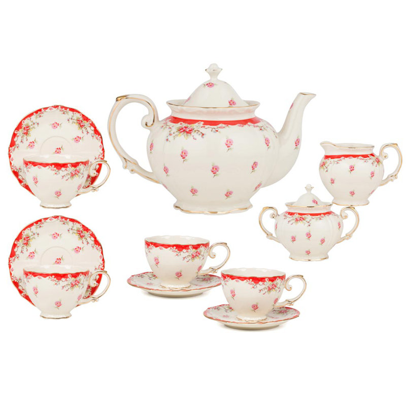 Service à thé rose rouge rétro en porcelaine 11 pièces