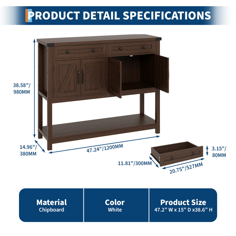 Buffet Table with Storage - 47.2" Entry Way Cabinet with Drawers, Barn Doors & Shelf, Modern Farmhouse Coffee Bar, Narrow Sideboard, Console Tables for Entryway, Kitchen, Dining Room, Living Room