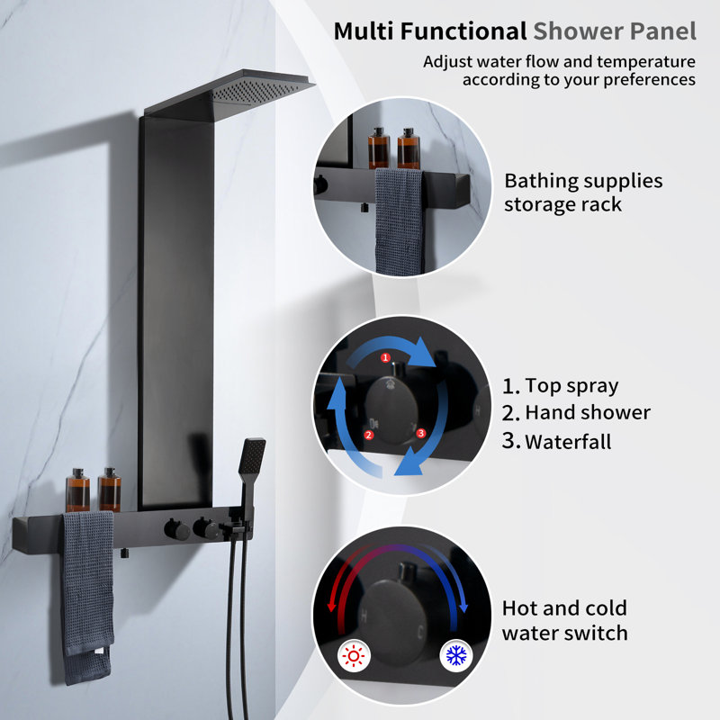 Matte Black Multi-Function Shower Panel with Rainfall and Waterfall Heads