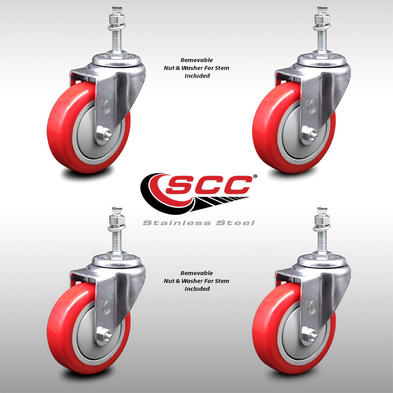 Ensemble de roulettes à tige filetée en polyuréthane 4 pouces 4mm SCC, Rouge