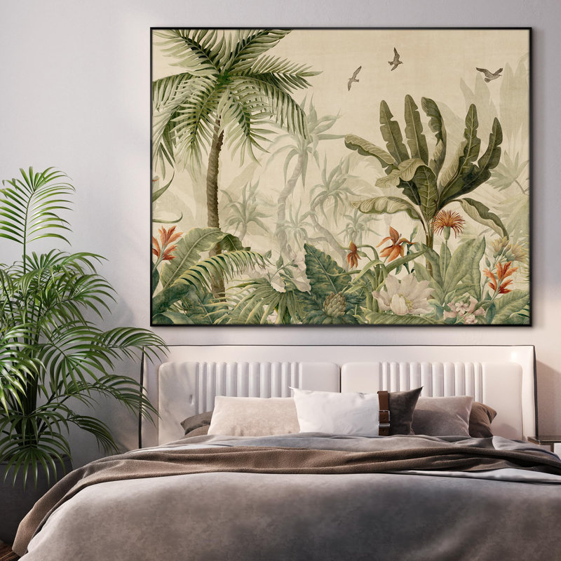 Très grand palmier et oiseaux de la jungle tropicale rétro, impression d'art mural encadré (assemblage de cadre requis)
