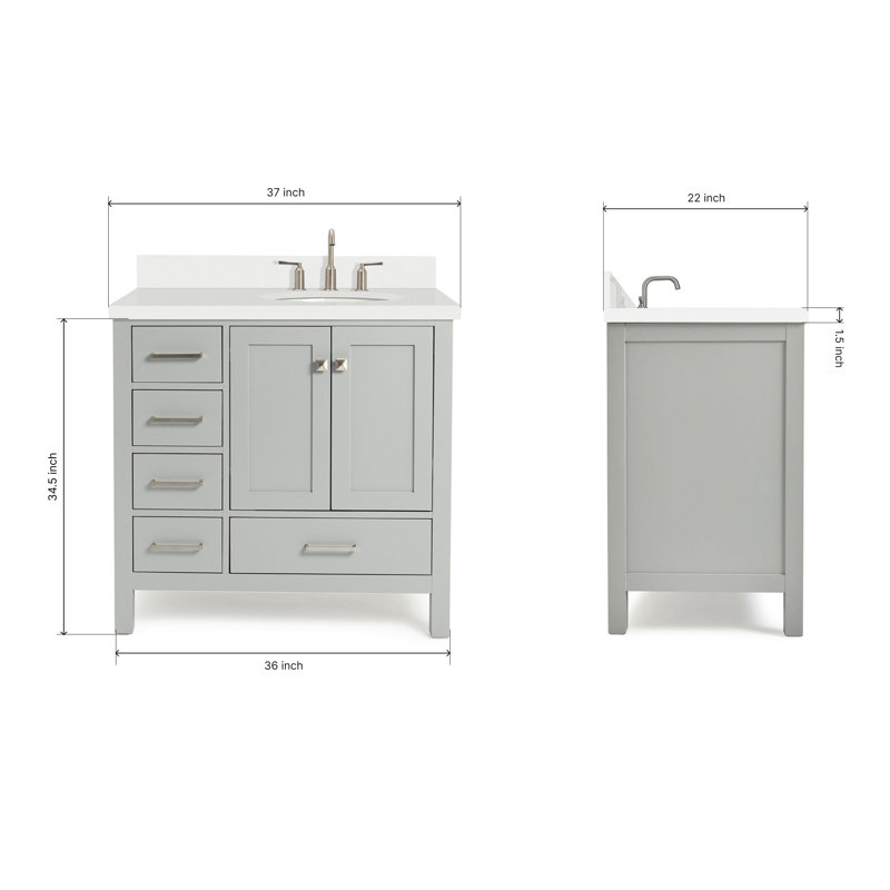 Cambridge 37'' W Single Vanity, Gray, Pure White Quartz, Oval