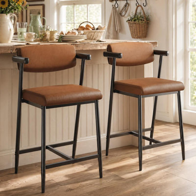 Counter Height Bar Stools Set of 2 with Arms, Upholstered Barstool with Back & Footrest, Soft Wider Seat, Modern Metal Bar Stools Set for Kitchen Island, Bar, Easy Assembly, Coffee Brown