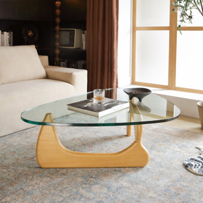Table basse à plateau en verre de 50,9 po avec base en bois massif et verre trempé épaissi - Table d'appoint de salon moderne