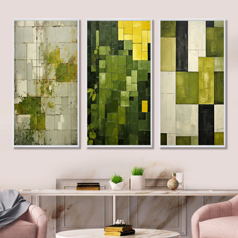 Ensemble de 3 reproductions d'art abstrait vert, Cadre flottant blanc, H 28 po x l 36 po