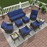 Ensemble de 9 meubles de patio à 7 places - Ensemble de conversation extérieur en rotin et osier brun avec chaises berçantes pivotantes, coussins lavables et vitrés confortables - Tables d'appoint supérieures
