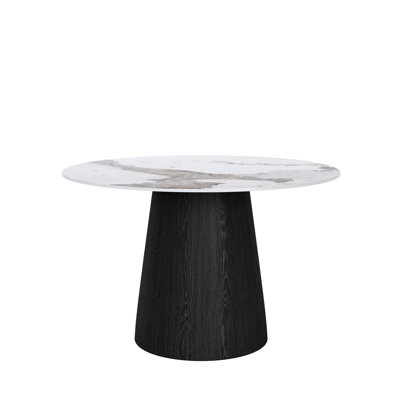 Table de salle à manger ronde de 39,05 po avec piédestal noir, plateau en pierre frittée, base en bois massif, surface de 39 po idéale pour un usage familial, style rétro, facile à nettoyer