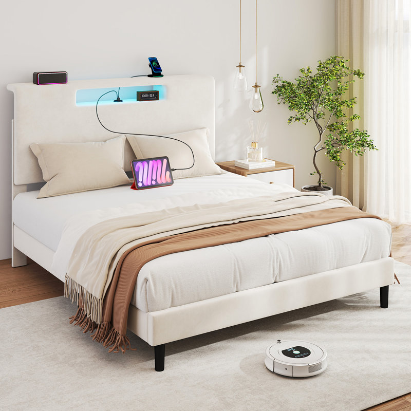 Structure de lit double rembourrée, DEL et charge, tête de lit avec rangement, sans sommier, beige, Beige, FULL