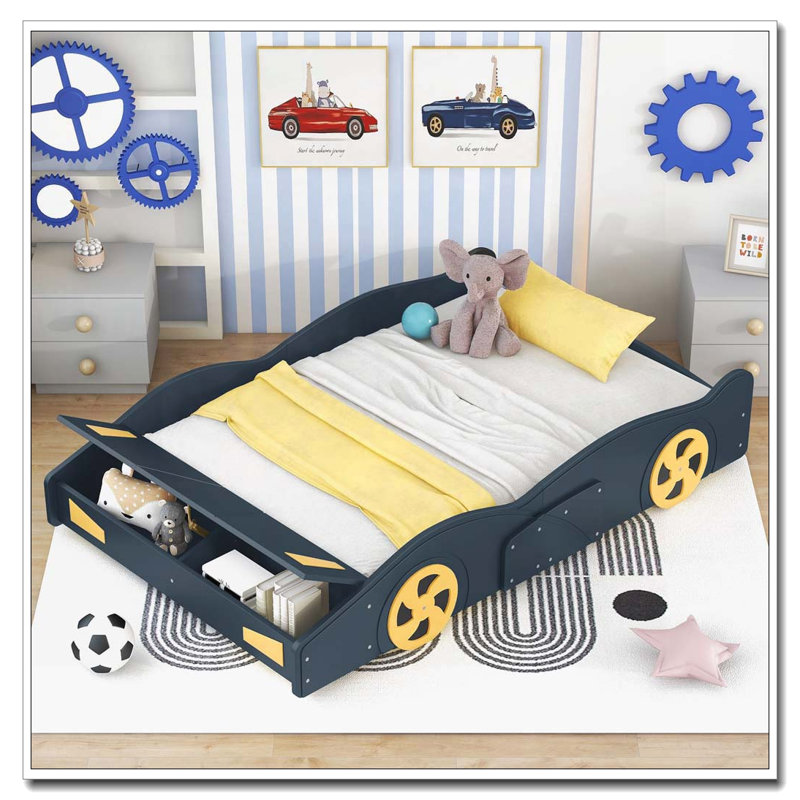 Lit plateforme avec roulettes et rangement Race, Lit double, Bleu foncé / Jaune