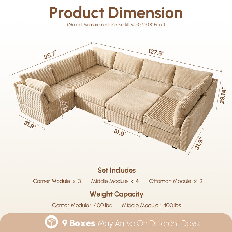 U-Shaped Sectional Plush Corduroy Section Sofa Combination, 9 Seats, With Ottoman, Random Combination, Beige Corduroy
