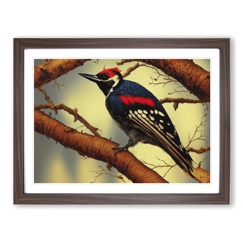 Boundless Woodpecker Bird - Single Picture Frame Painting, 34cm H x 46cm W x 2cm D, Walnut Framed