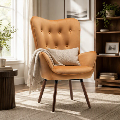 Fauteuil à oreilles Mid-Century moderne en tissu de polyester capitonné avec des pieds évasés en bois massif pour le salon et le bureau personnel