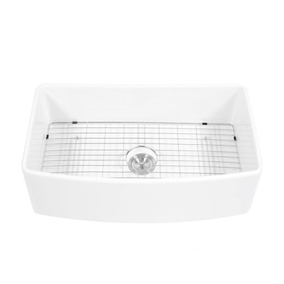 33 Inch White Ceramic Kitchen Sink With Arch Edge Apron Front, Single Bowl For Elegant Home Kitchens, And , Includes Basket Strainer Front Edge, High - Quality Long Lasting, 304 Stainless Steel Dish
