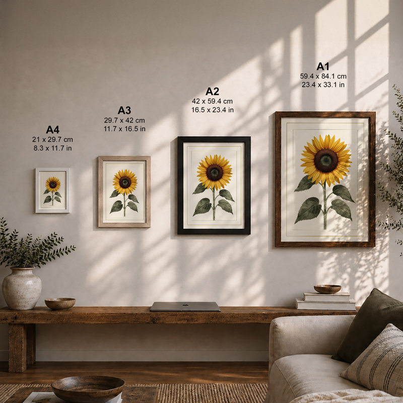 Golden Sunflower Study Botanical - Print, Unframed, A4 - 29.7 x 21.0 cm