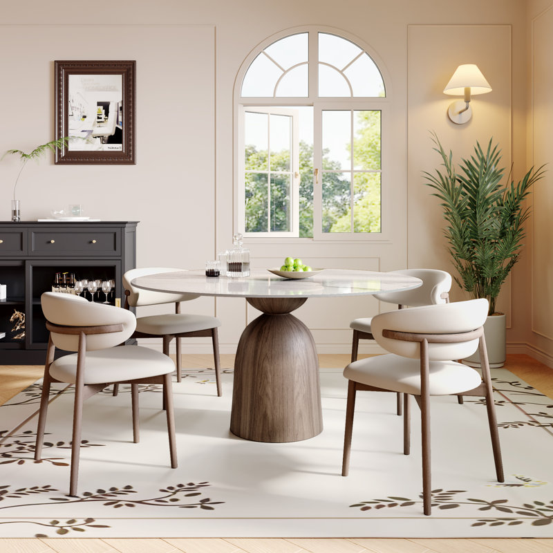 Modern Round Dining Table with Hourglass-Shaped Pedestal Solid Wood Base & Sintered Stone Top for 4/6/8 Seats, White