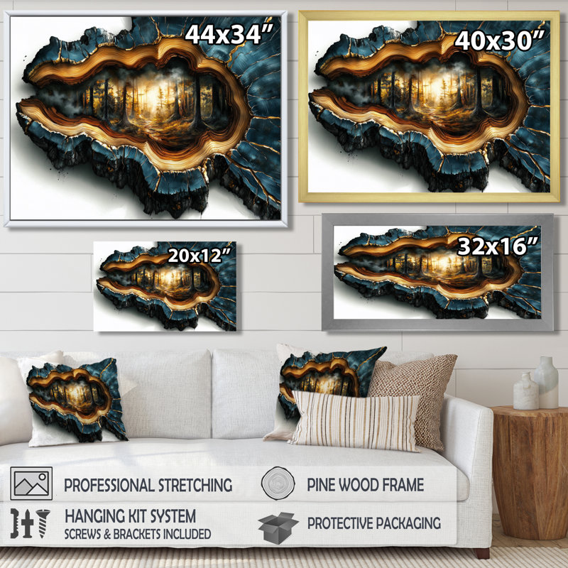 «Forest In Blue Wood Slide Fusion», art mural sur toile, Impression encadrée flottante, H 24 po x l 32 po, Doré
