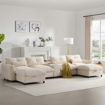 Canapé modulaire modulaire en chenille avec repose-pieds, console, porte-gobelet et chargeur USB pour le salon